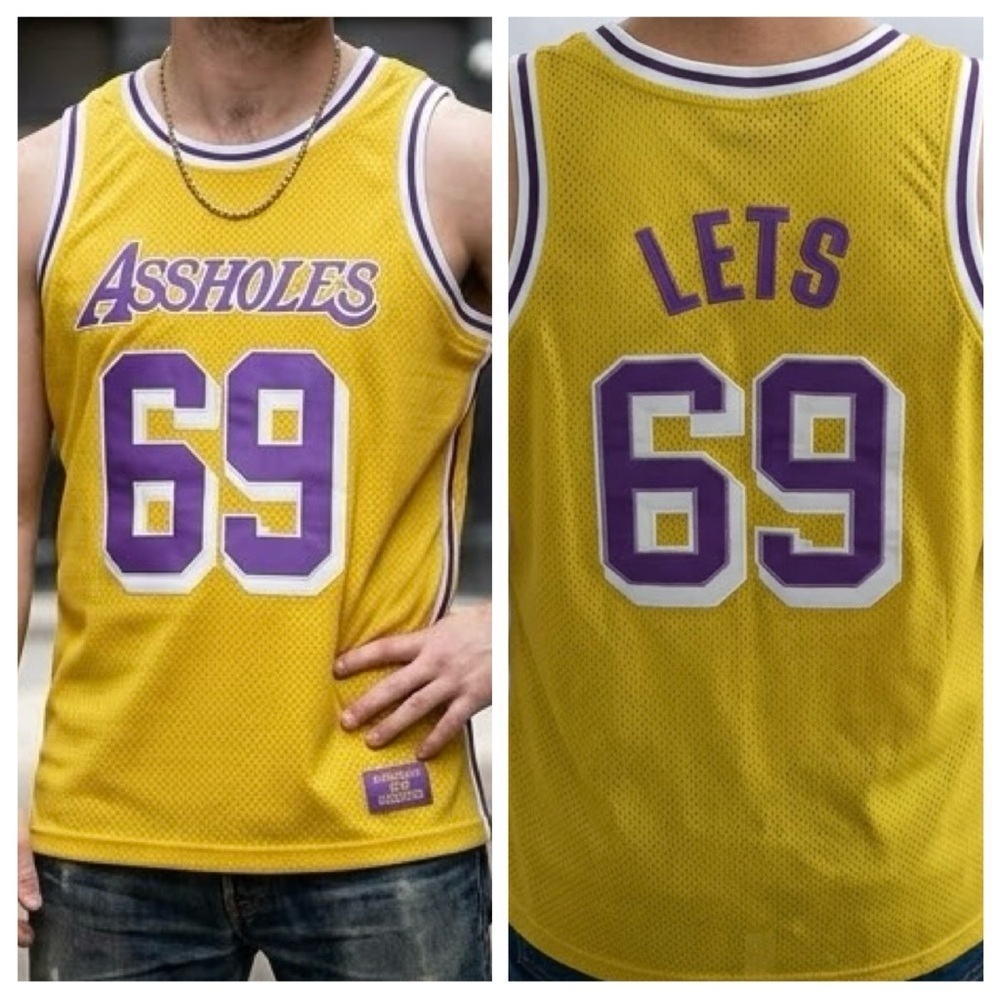 Assholes Live Forever “Let’s 69” Basketball Jersey Lakers Colors Size XL Trashy
